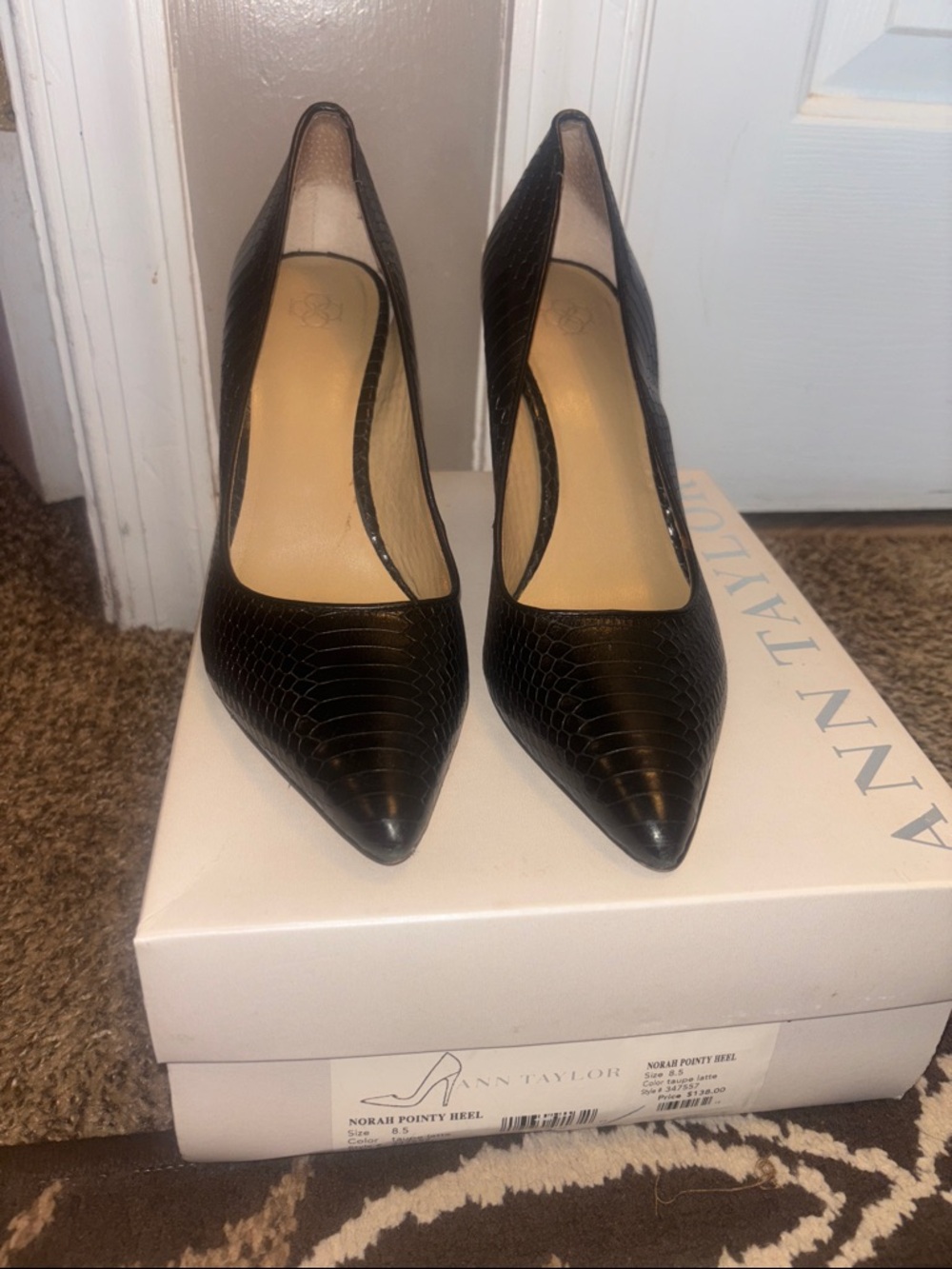 Ann Taylor Black Croc-Embossed Pointed Toe Pumps